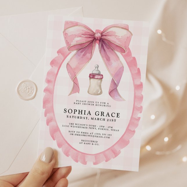 Rosa Bow Chic Coquette Girl Baby Shower Inbjudningar (Skapare uppladdad)