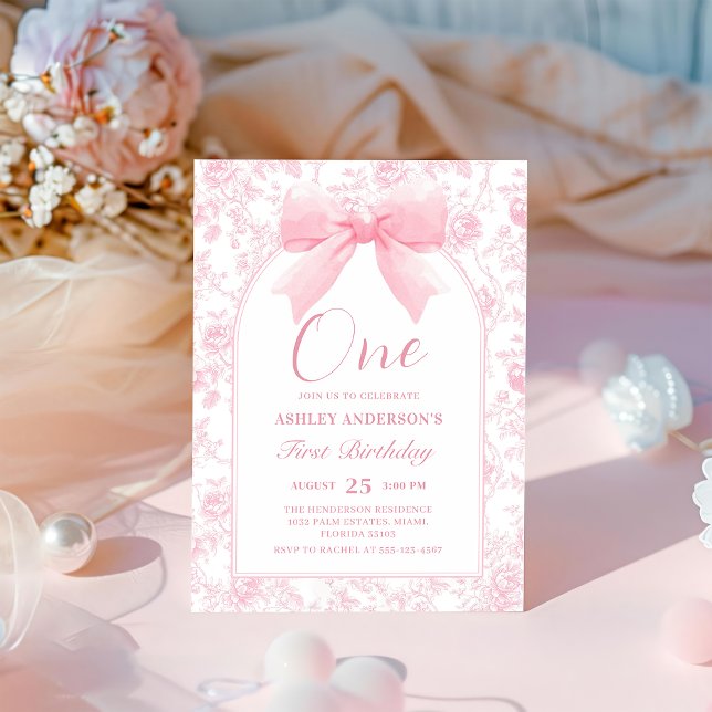 Rosa Bow Chinoiserie 1:a födelsedagsinbjudan Inbjudningar (Skapare uppladdad)