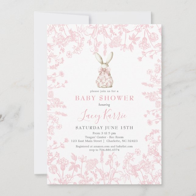 Rosa Bow Chinoiserie bunny Baby Shower-inbjudan Inbjudningar (Framsida)