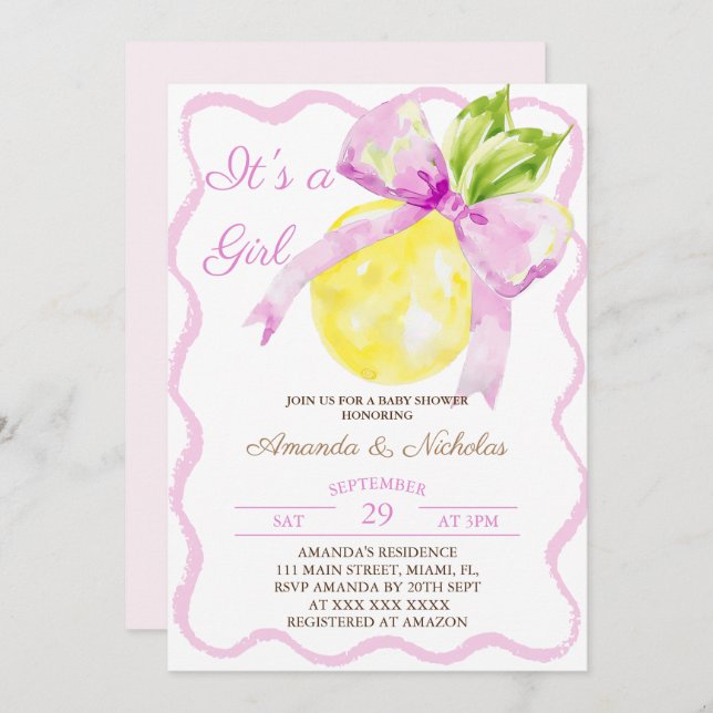 Rosa Bow Citrus Girl Baby Shower Inbjudningar (Fram/baksida)