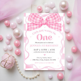 Rosa Bow Coquette 1:a födelsedag Party Inbjudningar