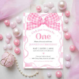 Rosa Bow Coquette 1:a födelsedag Party Inbjudningar