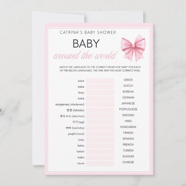 Rosa Bow Coquette Baby Shower - Editable Namn, 5x7 Inbjudningar (Framsida)