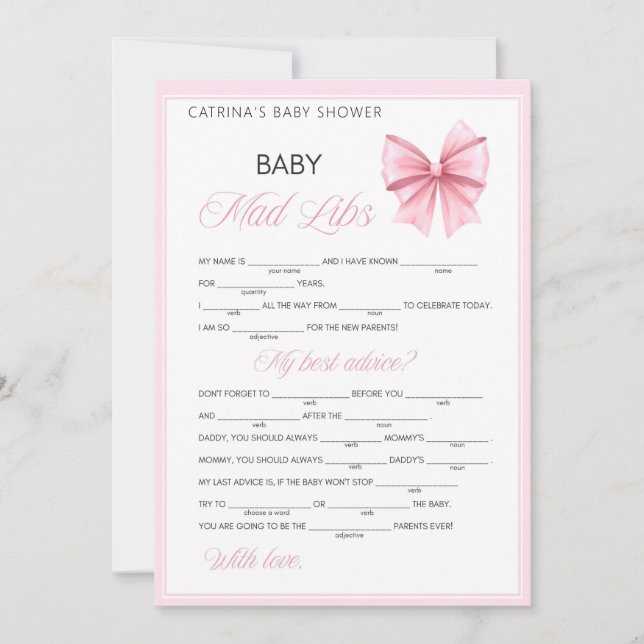 Rosa Bow Coquette Baby Shower - Editable Namn, 5x7 Inbjudningar (Framsida)