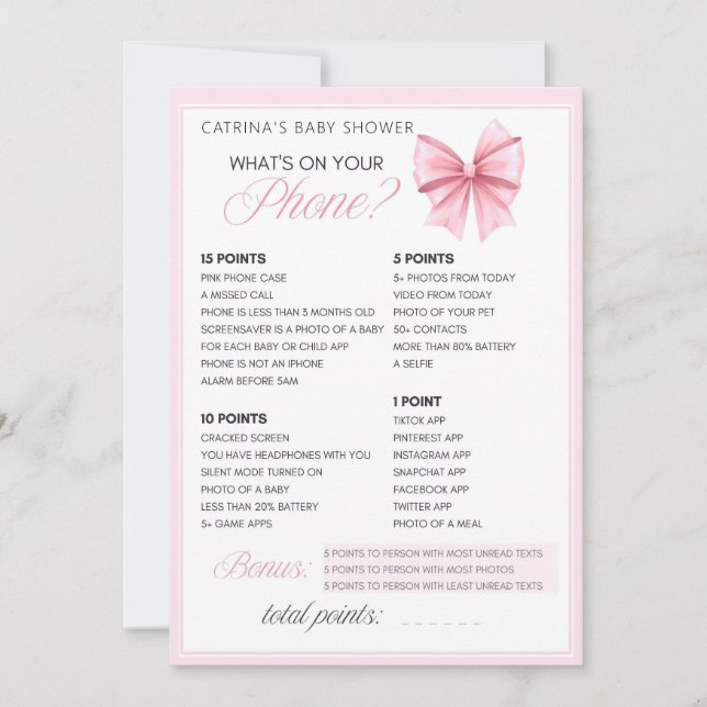 Rosa Bow Coquette Baby Shower - Editable Namn, 5x7 Inbjudningar (Framsida)