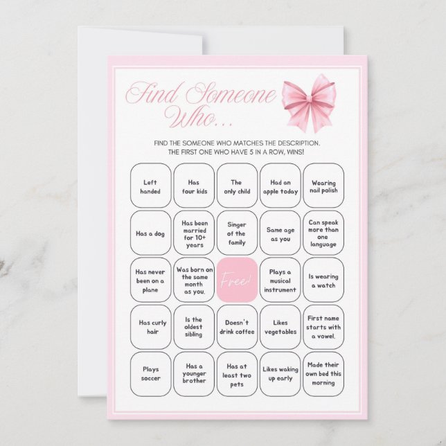 Rosa Bow Coquette Baby Shower - Editable Namn, 5x7 Inbjudningar (Framsida)