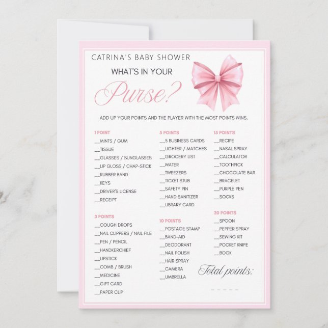 Rosa Bow Coquette Baby Shower - Editable Namn, 5x7 Inbjudningar (Framsida)
