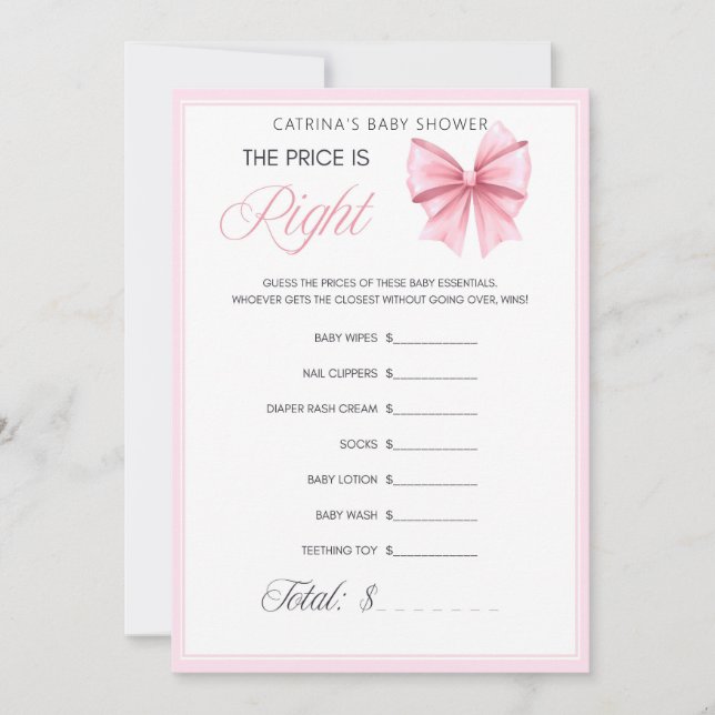 Rosa Bow Coquette Baby Shower - Editable Namn, 5x7 Inbjudningar (Framsida)