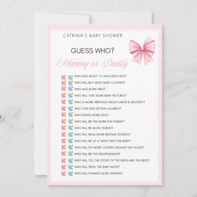 Rosa Bow Coquette Baby Shower - Editable Namn, 5x7 Inbjudningar (Framsida)