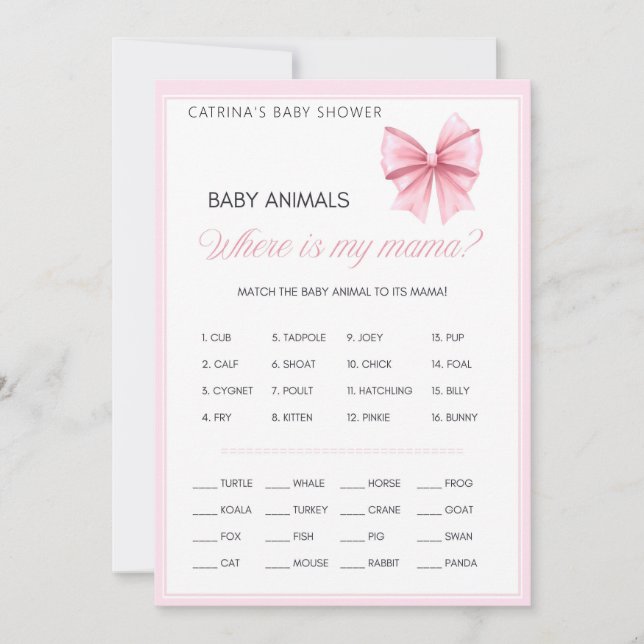 Rosa Bow Coquette Baby Shower - Editable Namn, 5x7 Inbjudningar (Framsida)