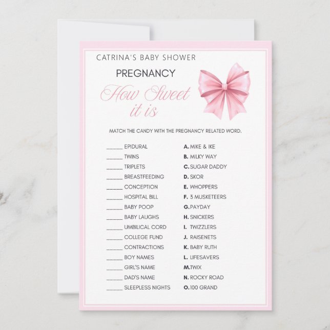 Rosa Bow Coquette Baby Shower - Editable Namn, 5x7 Inbjudningar (Framsida)