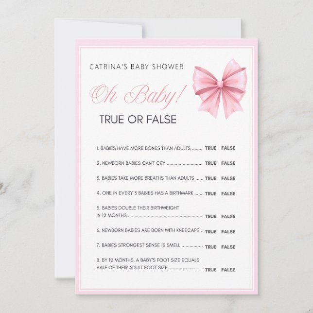 Rosa Bow Coquette Baby Shower - Editable Namn, 5x7 Inbjudningar (Framsida)