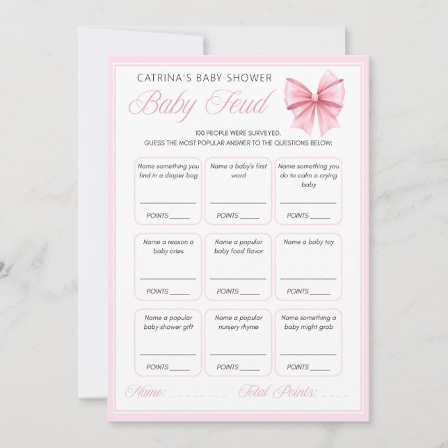 Rosa Bow Coquette Baby Shower - Editable Namn, 5x7 Inbjudningar (Framsida)