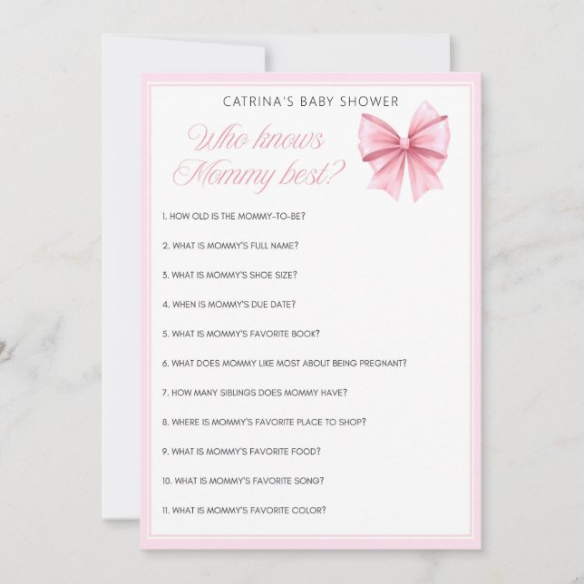 Rosa Bow Coquette Baby Shower - Editable Namn, 5x7 Inbjudningar (Framsida)