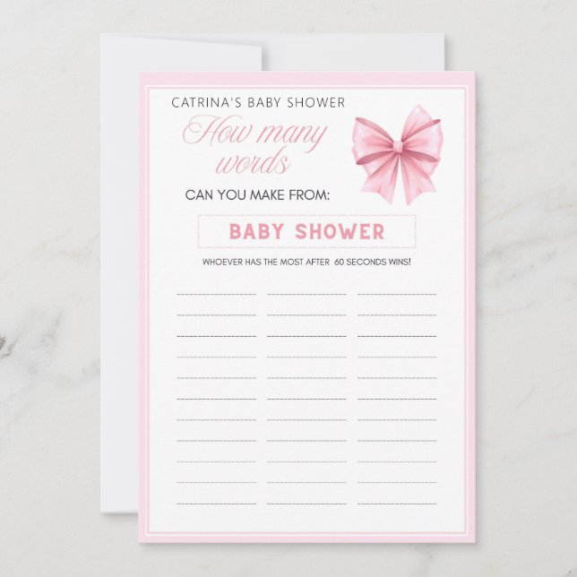 Rosa Bow Coquette Baby Shower - Editable Namn, 5x7 Inbjudningar (Framsida)