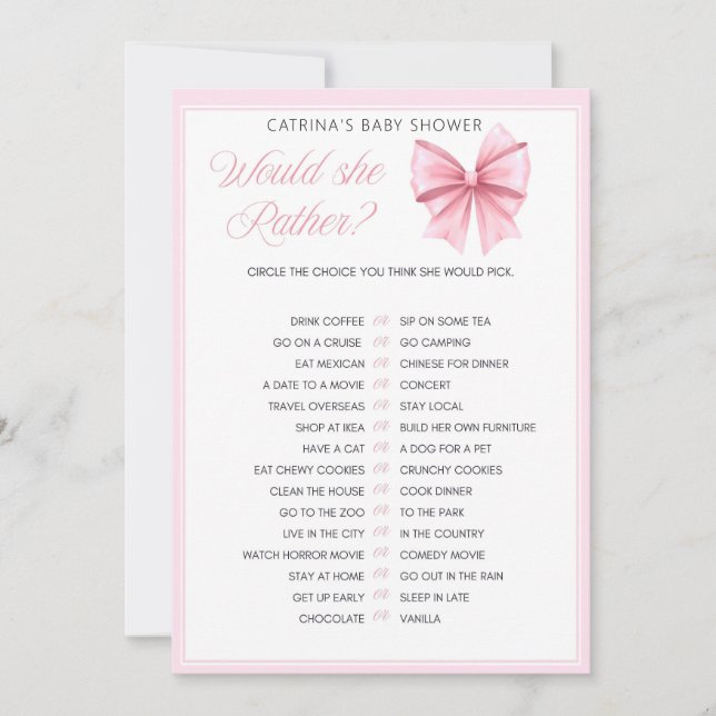 Rosa Bow Coquette Baby Shower - Editable Namn, 5x7 Inbjudningar (Framsida)