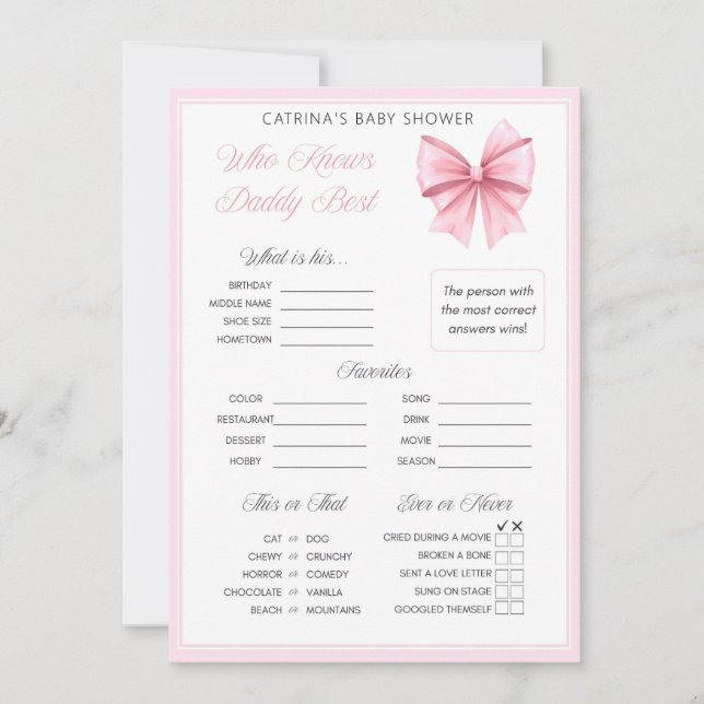 Rosa Bow Coquette Baby Shower - Editable Namn, 5x7 Inbjudningar (Framsida)