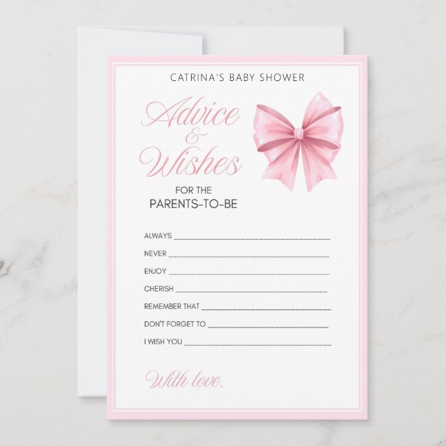 Rosa Bow Coquette Baby Shower - Editable Namn, 5x7 Inbjudningar (Framsida)