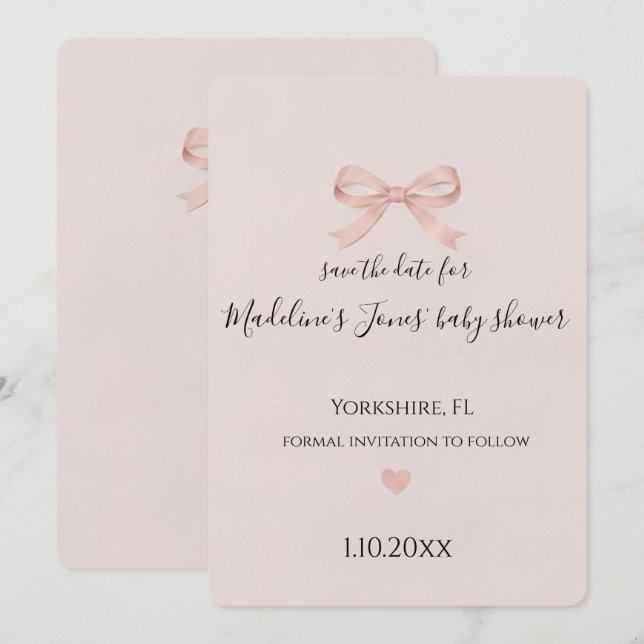 Rosa Bow Coquette Baby Shower Spara Datumet (Fram/baksida)