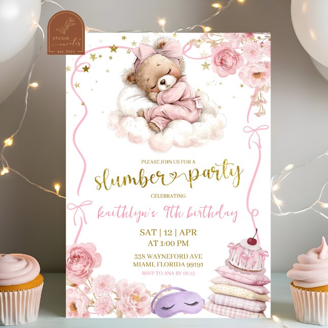  Rosa Bow Coquette Björn Sömnparty Födelsedag Inbjudningar (Skapare uppladdad)