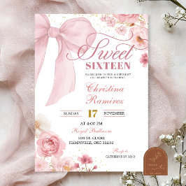 Rosa Bow Coquette blommande Sweet Sixteen Inbjudningar