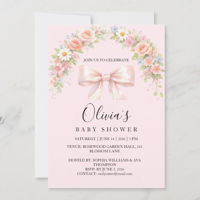 Rosa Bow Coquette Blommig Babyflicka Bebis Shower Inbjudningar (Framsida)