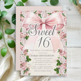 Rosa Bow Coquette Blommig Vintage Sweet 16 Inbjudningar