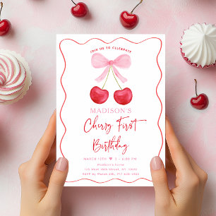 Rosa Bow Coquette Cherry Första födelsedag Inbjudningar