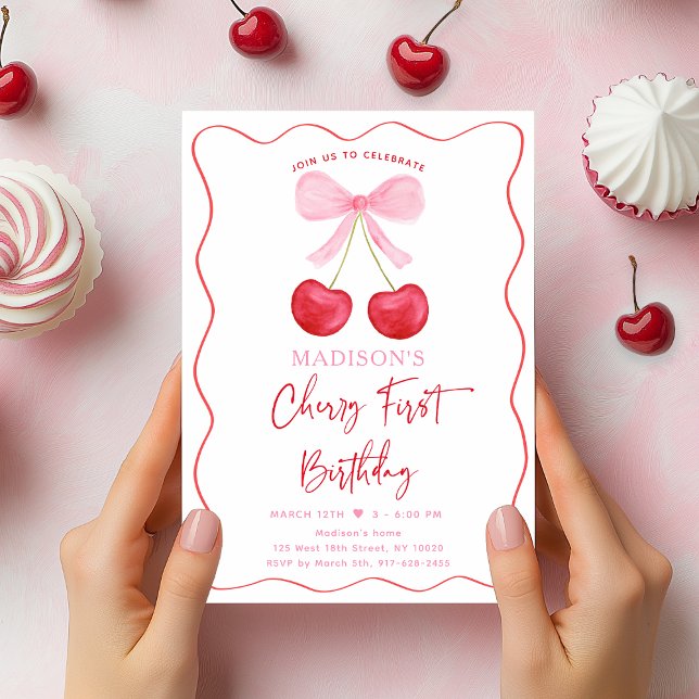 Rosa Bow Coquette Cherry Första födelsedag Inbjudningar (Skapare uppladdad)