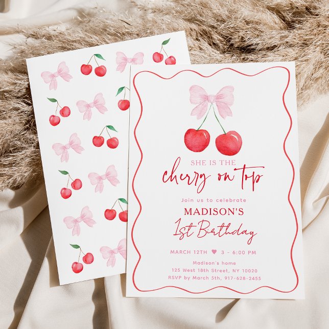 Rosa Bow Coquette Cherry Girl Birthday Inbjudningar (Skapare uppladdad)