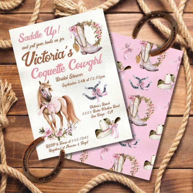 Rosa bow Coquette Cowgirl Möhippa Inbjudningar (Skapare uppladdad)