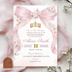 Rosa Bow Coquette Crown Blommig Quinceanera Inbjud Inbjudningar