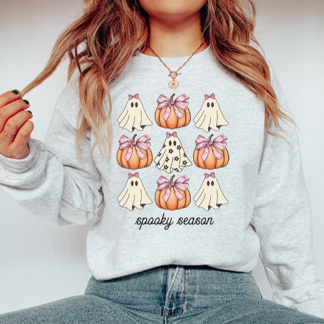 Rosa Bow Coquette Cute Ghost och Pumpkin Halloween T Shirt (Skapare uppladdad)