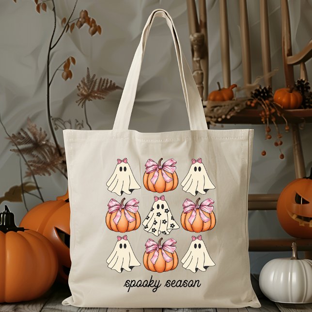 Rosa Bow Coquette Cute Ghost och Pumpkin Halloween Tygkasse (Skapare uppladdad)