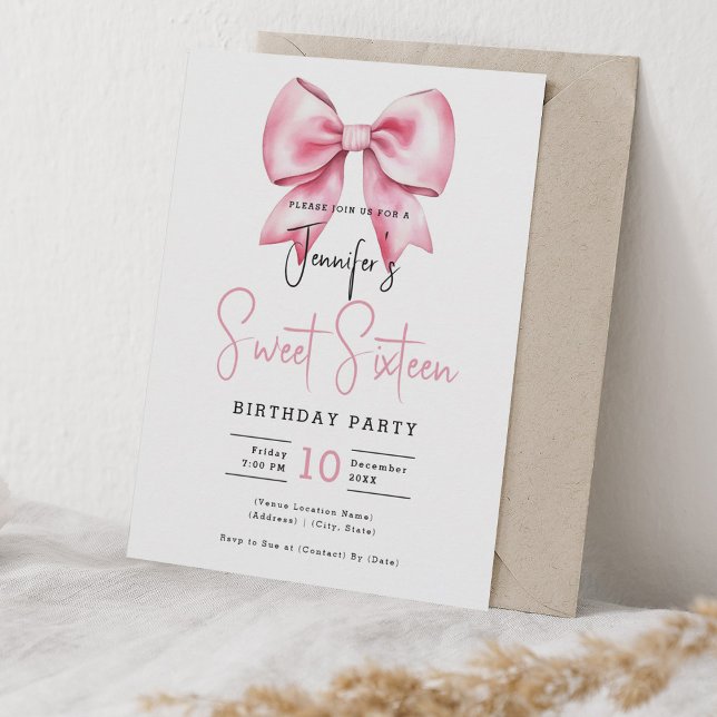  Rosa Bow Coquette Cute Script Sweet 16 Inbjudningar (Blush Pink Bow Coquette Cute Script Sweet 16 Invitation)