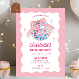 Rosa Bow Coquette Disco Boll Girl Birthday Inbjudningar