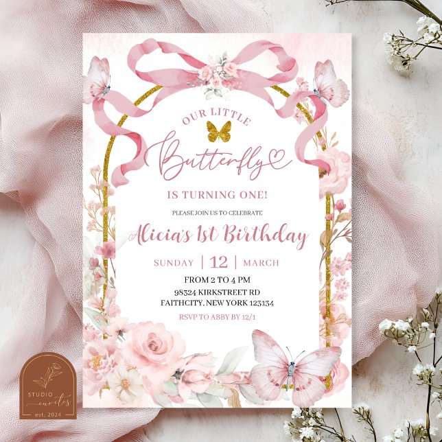 Rosa Bow Coquette Fjäril 1-års Födelsedagsinbjudan Inbjudningar (Skapare uppladdad)
