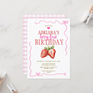 Rosa Bow Coquette Gingham Berry Första födelsedag Inbjudningar