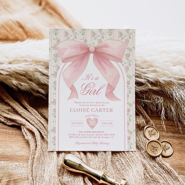  Rosa Bow Coquette Girl Baby Shower Inbjudningar (Skapare uppladdad)