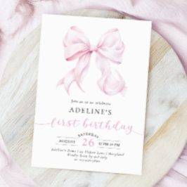 Rosa Bow Coquette Girl First Birthday Inbjudningar