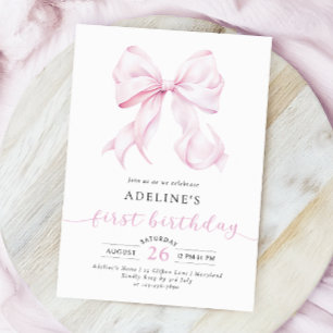 Rosa Bow Coquette Girl First Birthday Inbjudningar