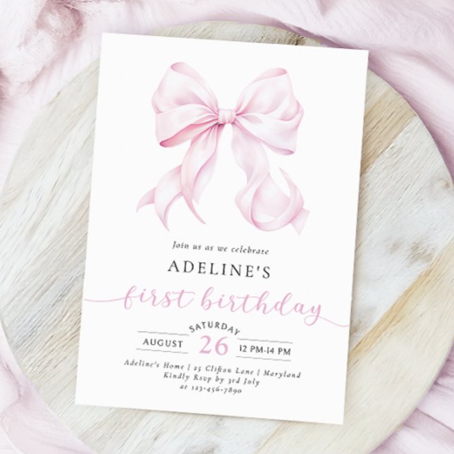 Rosa Bow Coquette Girl First Birthday Inbjudningar (Skapare uppladdad)