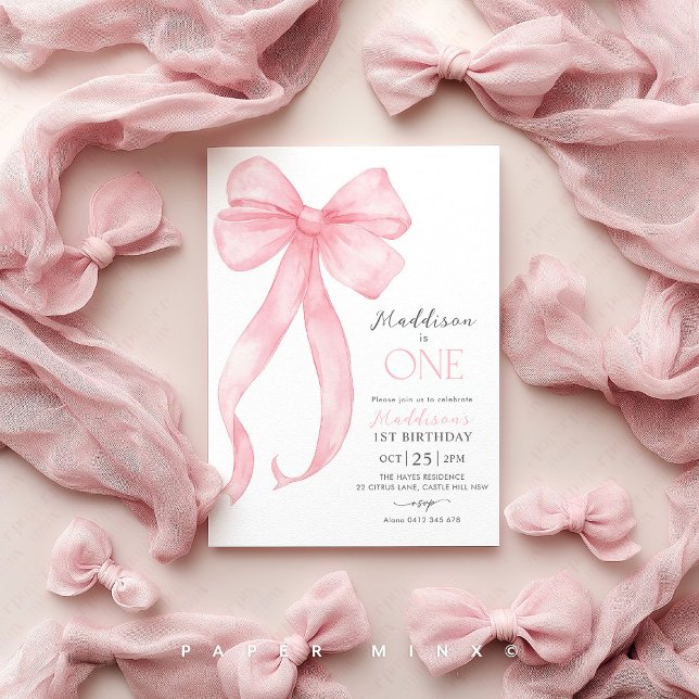 Rosa Bow Coquette Girls 1:a födelsedag Inbjudningar (Pink Bow 1st Birthday Invitation | Girl's First Birthday Coquette Invitation | Pink Bow Party)