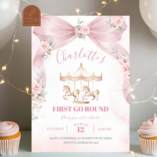  Rosa Bow Coquette Karusell Första Födelsedag Inbjudningar (Skapare uppladdad)
