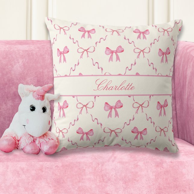 Rosa Bow Coquette Kudde (sweet girly coquette pink bow throw pillow with custom name, personalized gift for teen girl, woman)