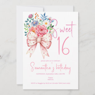 Rosa Bow Coquette Modern Blommigt Sweet 16 Birthda Inbjudningar