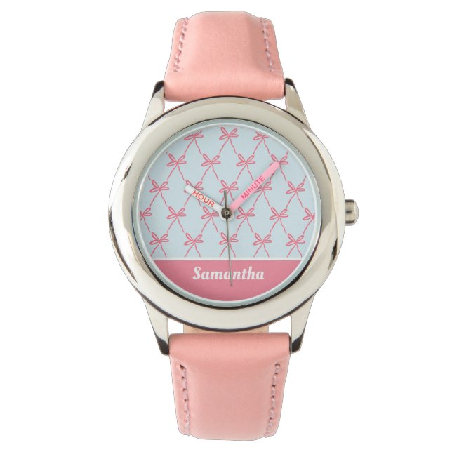 Rosa Bow Coquette Mönster på Blue Custom Name Armbandsur (Framsida)