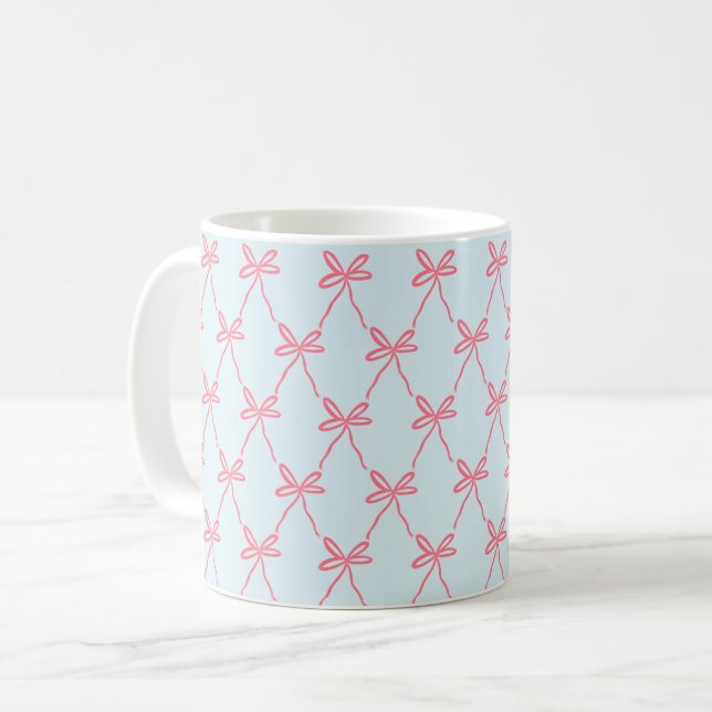 Rosa Bow Coquette Mönster på Blue Kaffemugg (Framsida vänster)