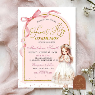 Rosa Bow Coquette Pearl First Heliga Communion Inbjudningar