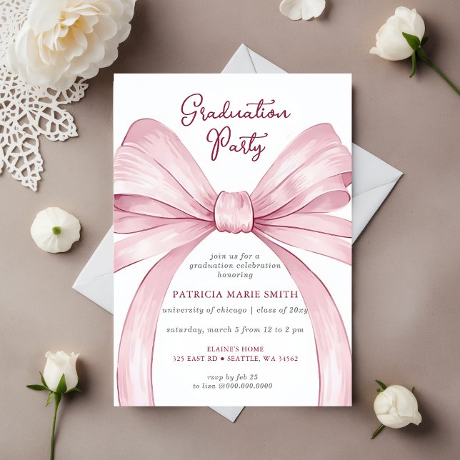 Rosa Bow Coquette Photo Studentfest Inbjudningar (Pink Bow Coquette Photo Graduation Party Invitation)